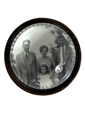 Vintage Glass Dome Paperweight w/ Family 2 Men 1 Women + Girl Photo Leather Base